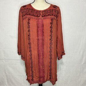 Ana-K Anandas Collection Long-Sleeve Embroidered Peasant Top Tunic Sz Large NWT